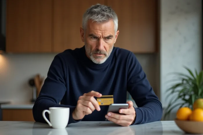 Homme utilisant sa carte bancaire pour un achat en ligne sur smartphone sans vérification de sécurité renforcée à son domicile