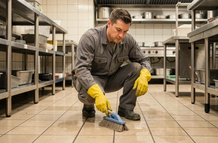 Agent d'entretien masculin récurant le sol carrelé d'une cuisine professionnelle