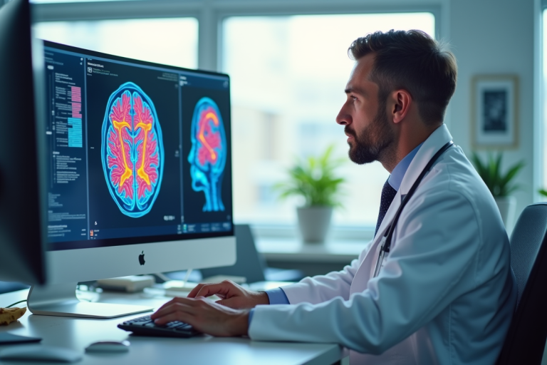 Docteur analysant un scanner cérébral coloré en cabinet moderne