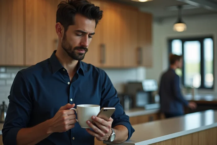Homme consultant son téléphone en pause café au bureau pour rester discret sur les réseaux sociaux