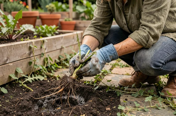 Femme arrachant des mauvaises herbes à la main dans un potager avec des gants de jardinage