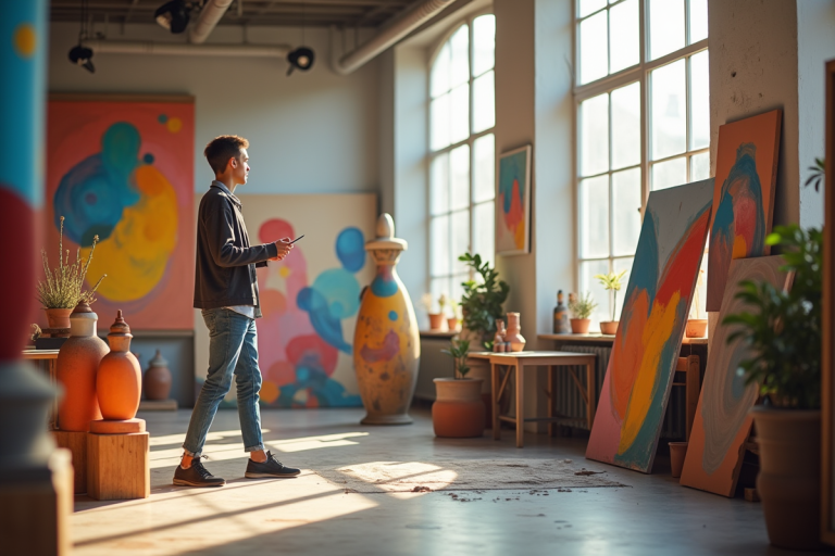 Jeune artiste contemporaine dans un studio moderne avec sculptures et peintures
