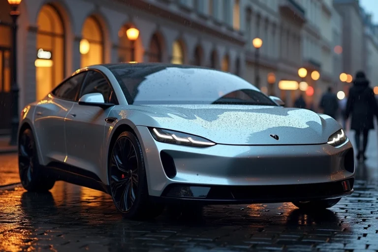 Berline électrique moderne garée sur une rue urbaine mouillée, reflétant l'atmosphère de la ville sur sa carrosserie argentée