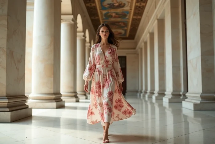 Femme élégante marchant dans un hall néoclassique, symbolisant le parcours et la réussite de Betul Yilmazturk élue plus belle femme de France