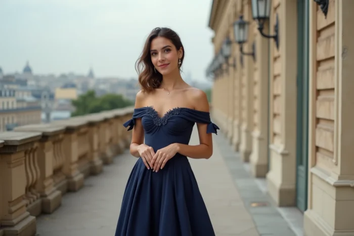 Betul Yilmazturk, élue plus belle femme de France, pose élégamment sur une terrasse parisienne en robe de soirée bleue