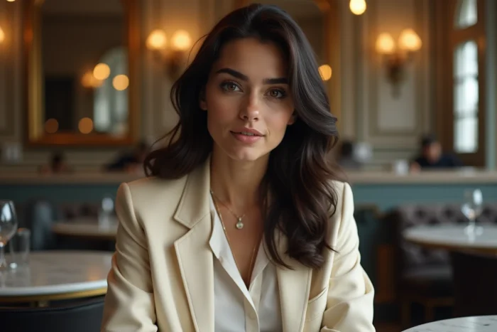 Portrait en gros plan d'une femme élégante dans un café parisien, illustrant le parcours inspirant de Betul Yilmazturk