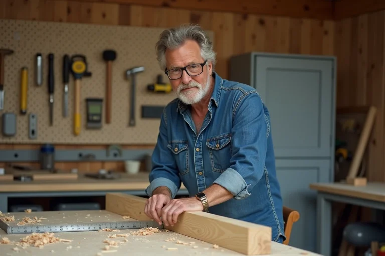 Homme mesurant une planche en bois dans un atelier de bricolage maison avec des outils accrochés au mur