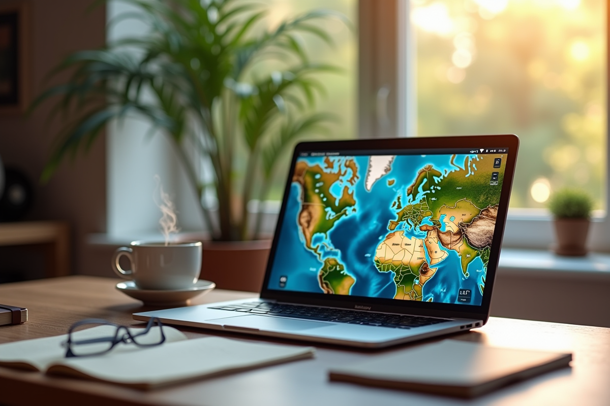 Espace de travail à la maison avec ordinateur et carte GPS