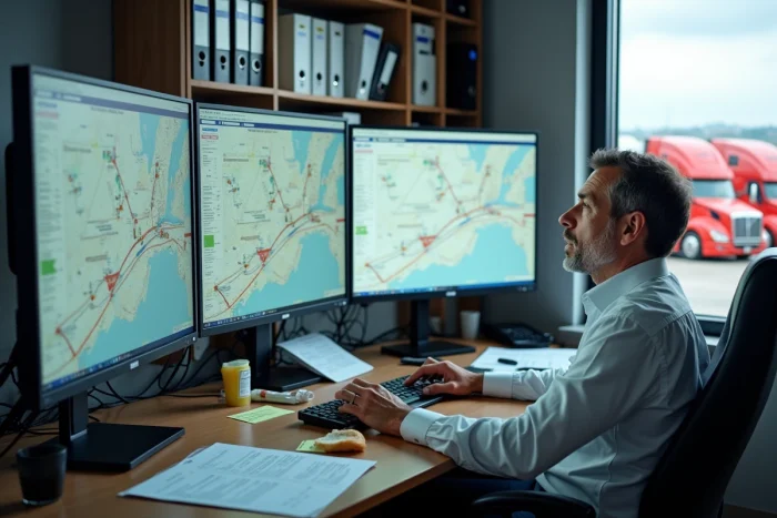 Dispatcheur planifiant des itinéraires poids lourds sur Google Maps dans un bureau de transport avec vue sur parc de camions