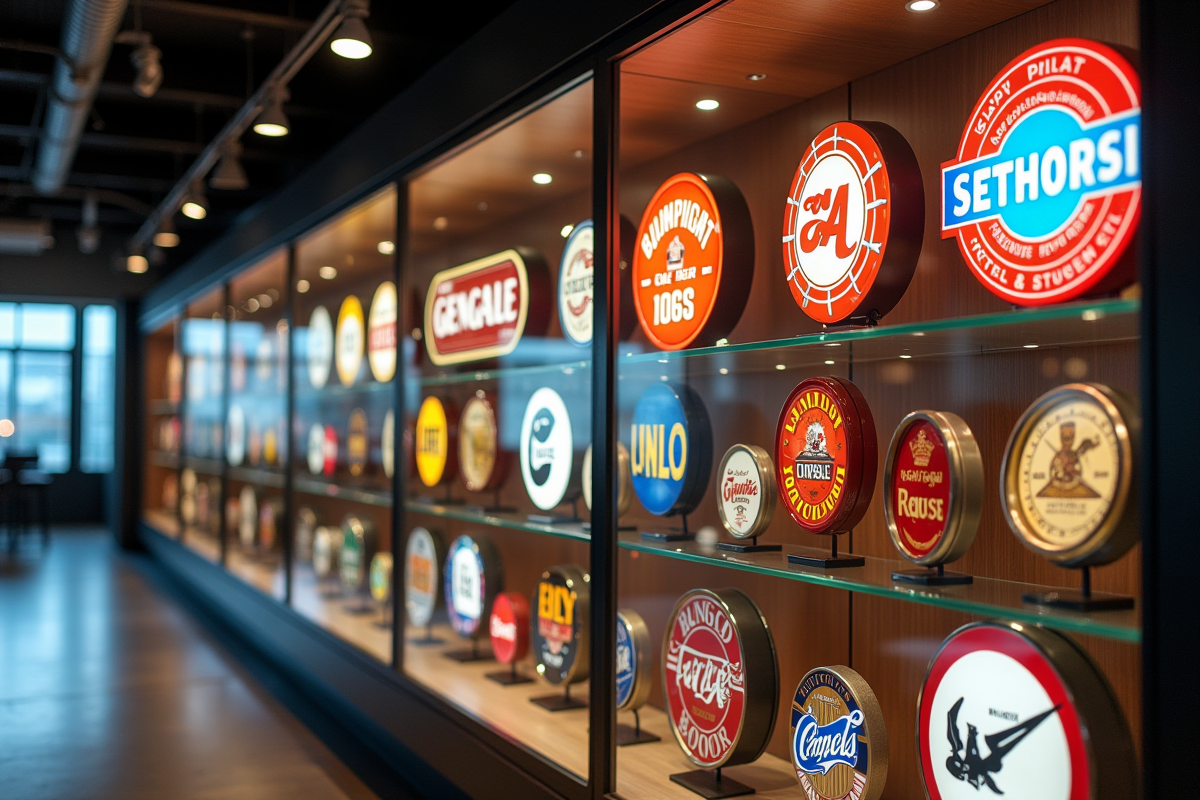 Vitrine moderne avec memorabilia de logos retro