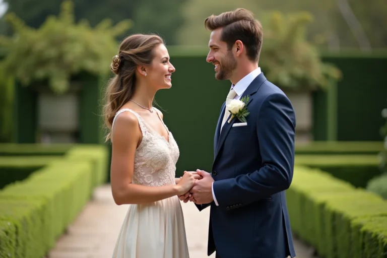 Couple souriant lors d'une cérémonie de mariage humaniste dans un jardin français, mariée en robe ivoire et marié en costume marine