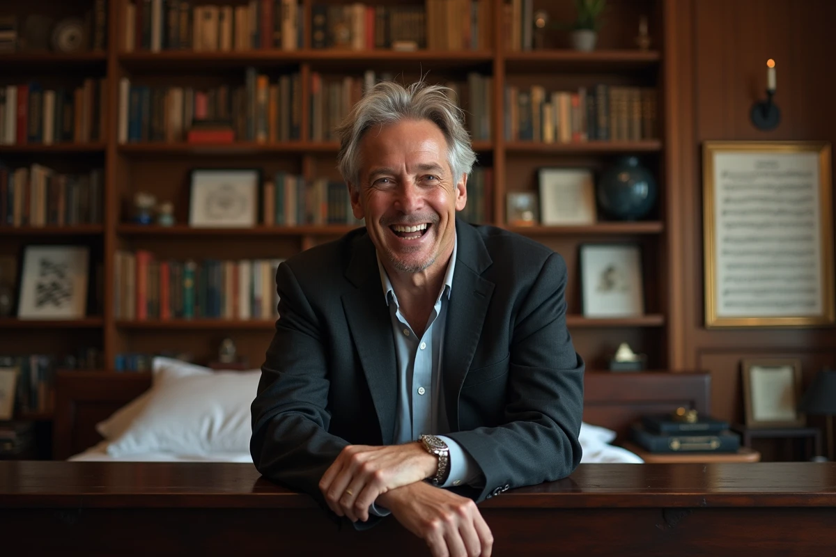Chanteur classique souriant dans son salon avec piano