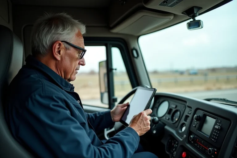 Chauffeur de camion poids lourd consultant un itinéraire GPS sur tablette dans la cabine de son véhicule