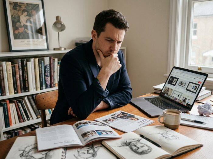 Homme consultant des brochures d'écoles d'art et un portfolio en ligne pour orienter sa carrière artistique