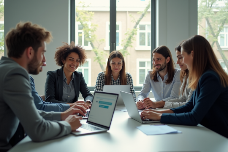 Groupe d'agents publics collaborant autour d'une table lumineuse