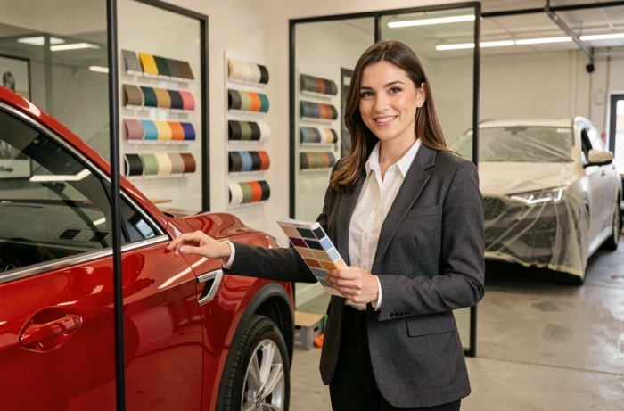 Conseillère en customisation automobile présentant des options de covering vinyle à côté d'un SUV rouge dans un centre de stylisme véhicule