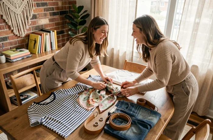 Deux femmes explorant des conseils mode et des tenues autour d'un plat lay de vêtements dans un appartement cosy