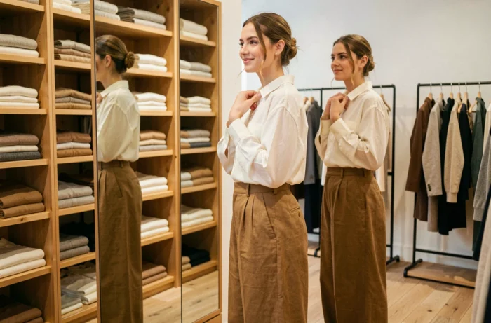 Femme élégante essayant une tenue mode intemporelle dans une boutique parisienne devant un grand miroir