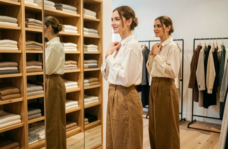 Femme élégante essayant une tenue mode intemporelle dans une boutique parisienne devant un grand miroir