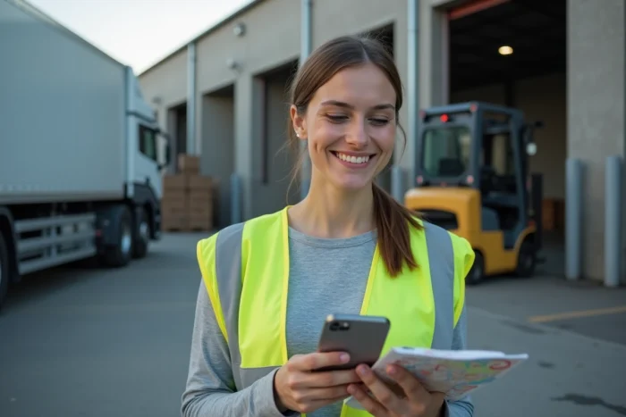 Coordinatrice logistique planifiant un itinéraire poids lourd sur Google Maps devant un entrepôt