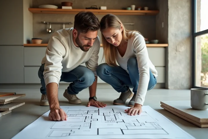 Couple étudiant un plan architectural sur le sol d'une cuisine en cours de rénovation avec des matériaux de construction visibles