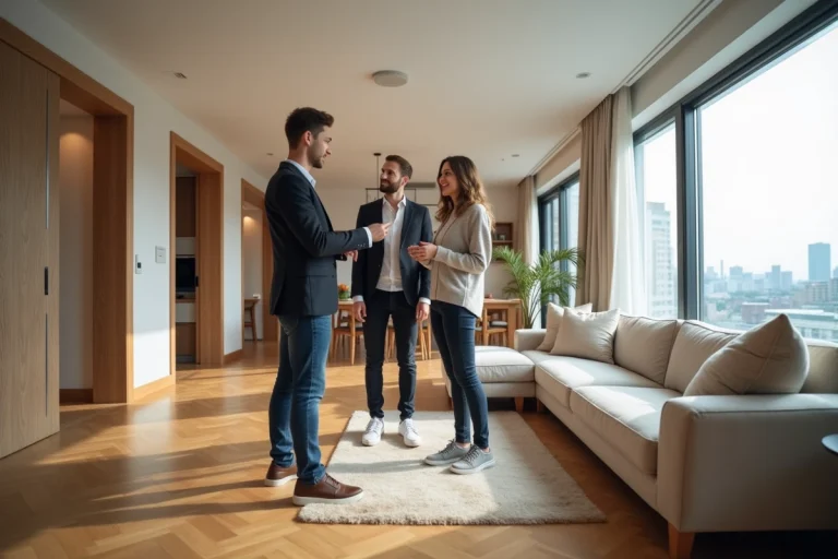 Jeune couple en visite dans un appartement T5 moderne