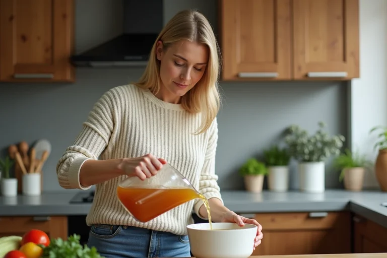 Femme versant du bouillon dans un bol blanc dans une cuisine chaleureuse