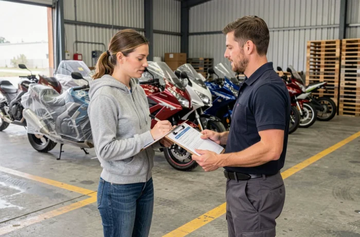 Propriétaire de moto et agent logistique examinant les documents d'expédition devant des motos emballées dans un dépôt de transport