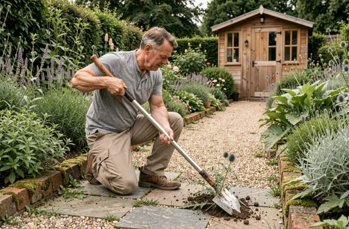Homme utilisant un outil de désherbage pour éliminer les chardons entre les dalles d'un chemin de jardin