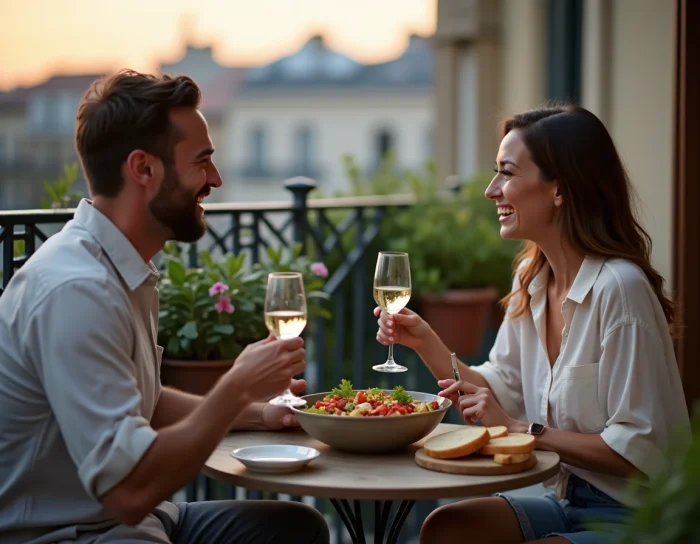 Couple profitant d'un dîner simple et gourmand sur un balcon urbain convivial