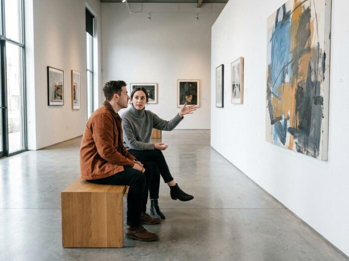 Deux jeunes professionnels discutant de choix de carrière artistique dans une galerie d'art contemporain