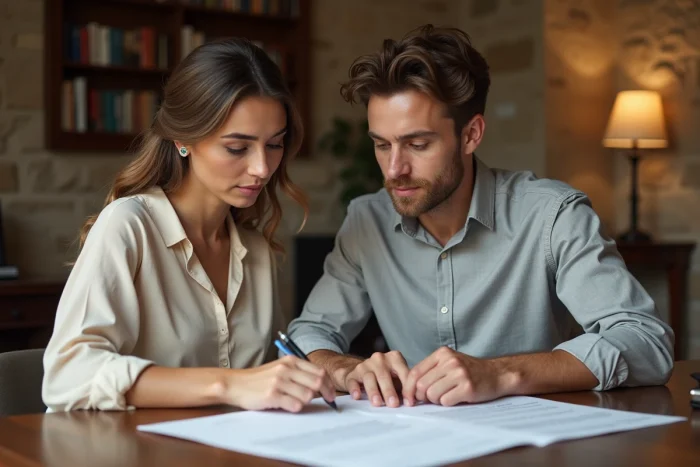 Couple de jeunes mariés examinant les documents officiels pour faire reconnaître leur mariage humaniste en France