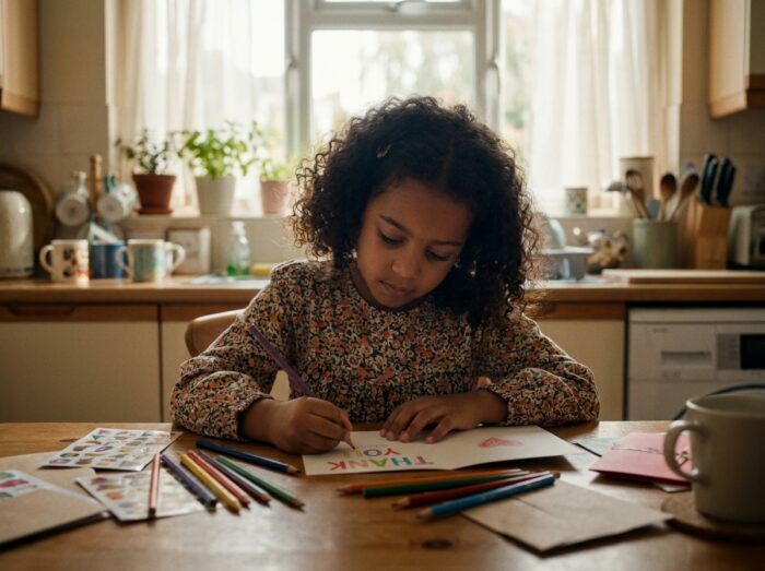 Jeune fille écrivant un mot de remerciement fait main à la table de cuisine familiale entourée de crayons de couleur