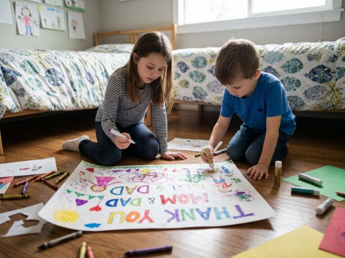 Deux enfants collaborant sur une grande affiche de remerciement faite main dans leur chambre