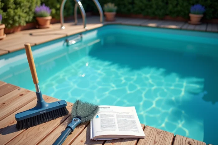 Vue aérienne d'une piscine sans filtre avec brosse et épuisette pour entretien manuel de l'eau