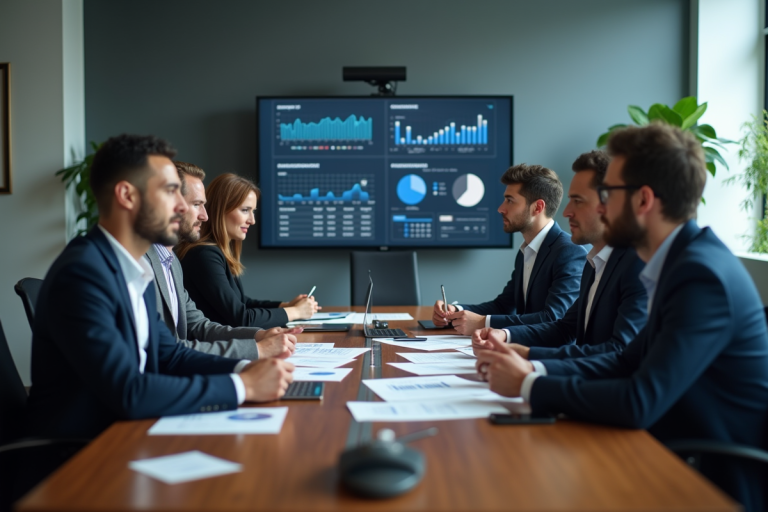 Groupe de professionnels en réunion avec tableaux et écrans