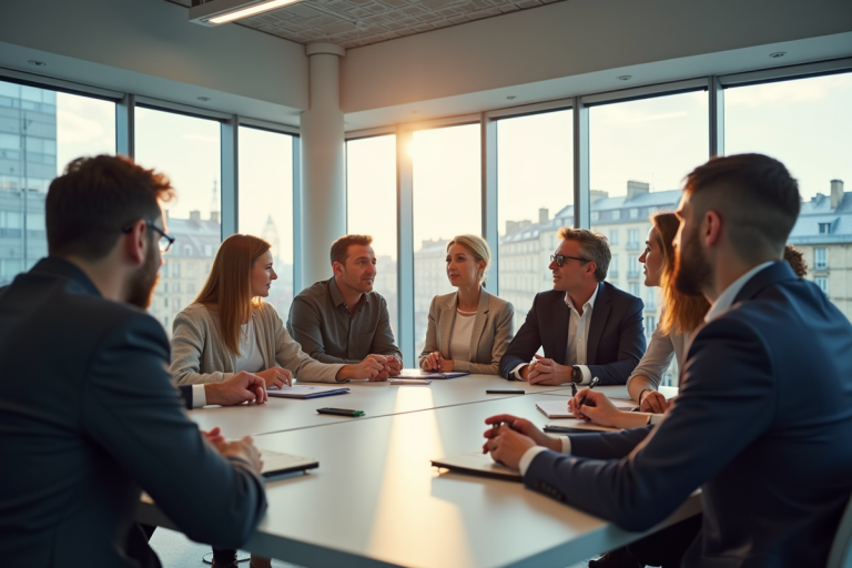 Espace de travail moderne à Paris avec équipe diverse