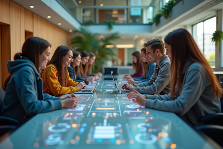Groupe d'étudiants dans un hub digital universitaire