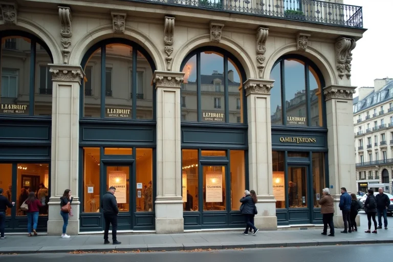 Façade haussmannienne du magasin Bouchara boulevard Haussmann avec affiches de fermeture en vitrine et passants parisiens sur le trottoir en automne
