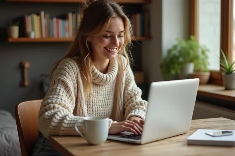 Jeune femme lisant un blog sur son ordinateur dans un intérieur chaleureux