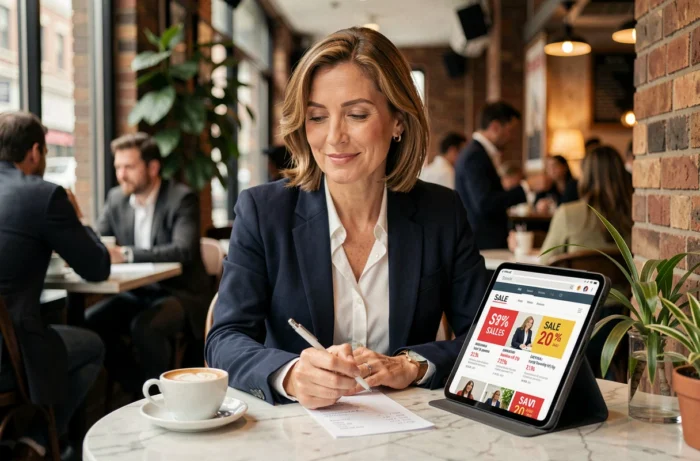 Femme d'affaires consultant des bons plans et promotions en ligne sur une tablette dans un café urbain tendance