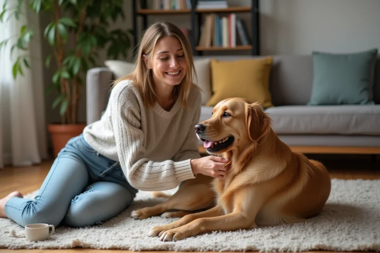 Femme caressant un golden retriever dans un salon chaleureux