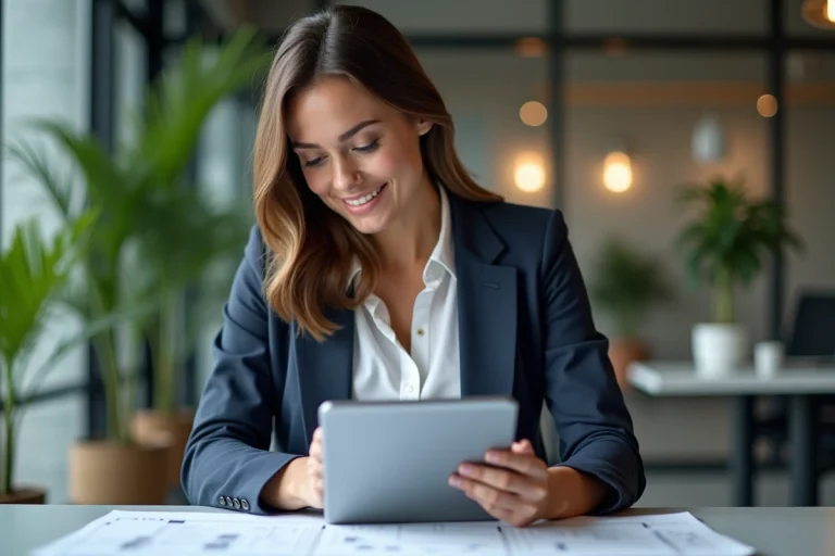 Femme confiante en bureau moderne avec tablette et plans
