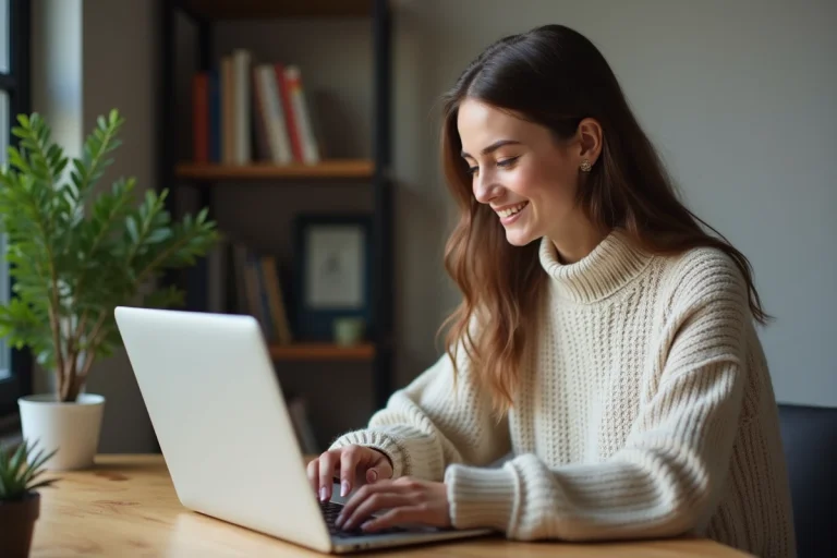 Jeune femme souriante utilisant son ordinateur pour Pronote Laure Gatet