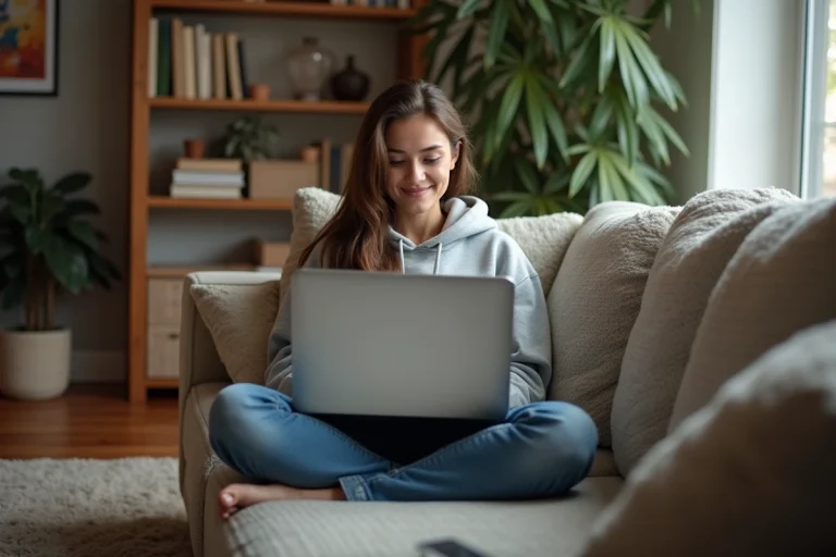 Jeune femme souriante regardant un film sur son ordinateur