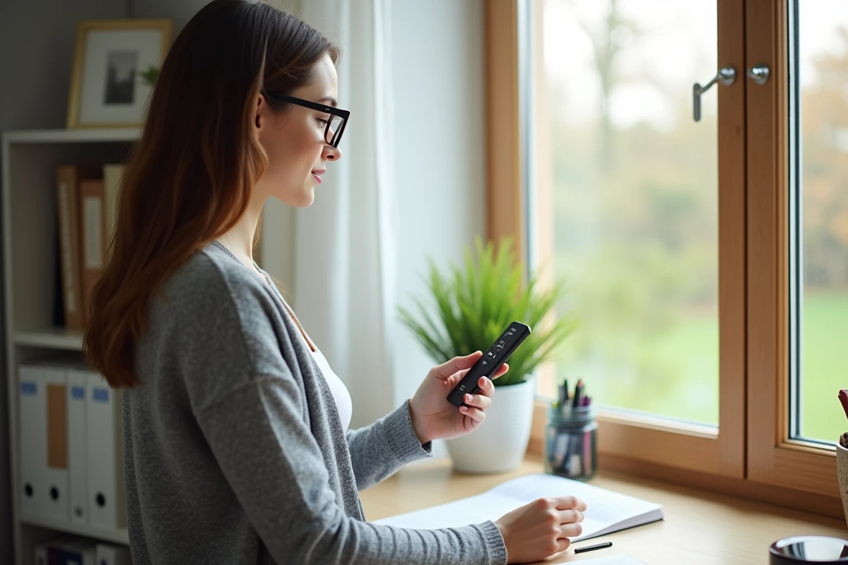 Femme réglant un volet avec une télécommande Veluxstyle
