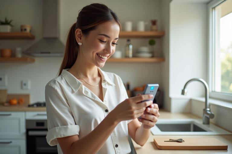 Jeune femme dans une cuisine moderne cherche ses clés connectées