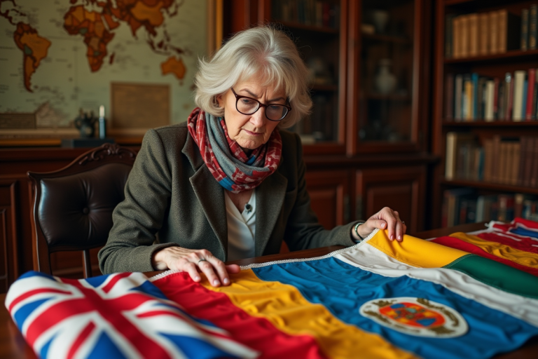 Femme examine des drapeaux du monde sur un bureau ancien