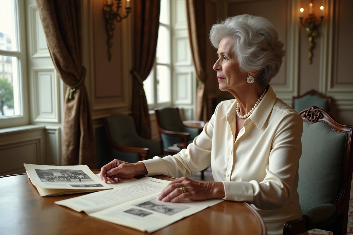 Femme élégante lisant des documents dans un salon Ritz Paris