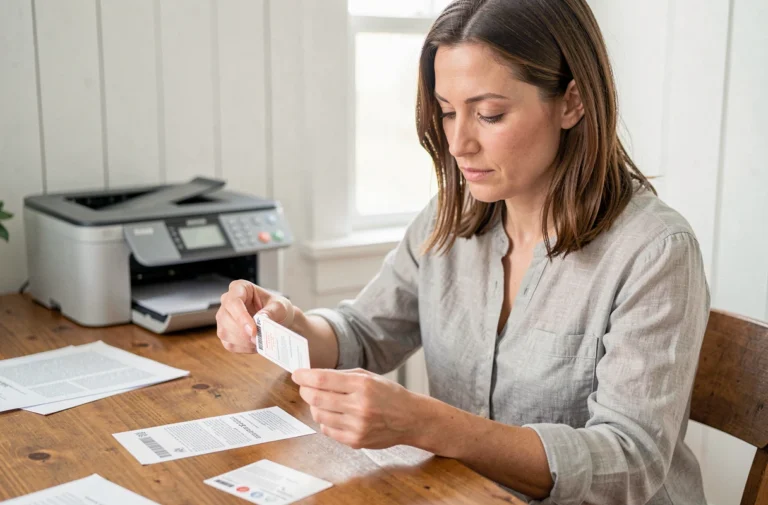 Femme imprimant une étiquette autocollante pour boîte aux lettres dans un bureau à domicile
